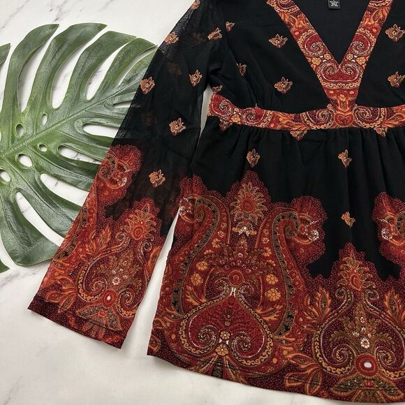 INC Womens Vintage Y2k Babydoll Top Size L Black Orange Paisley Mesh Sheer Trim - Picture 4 of 11